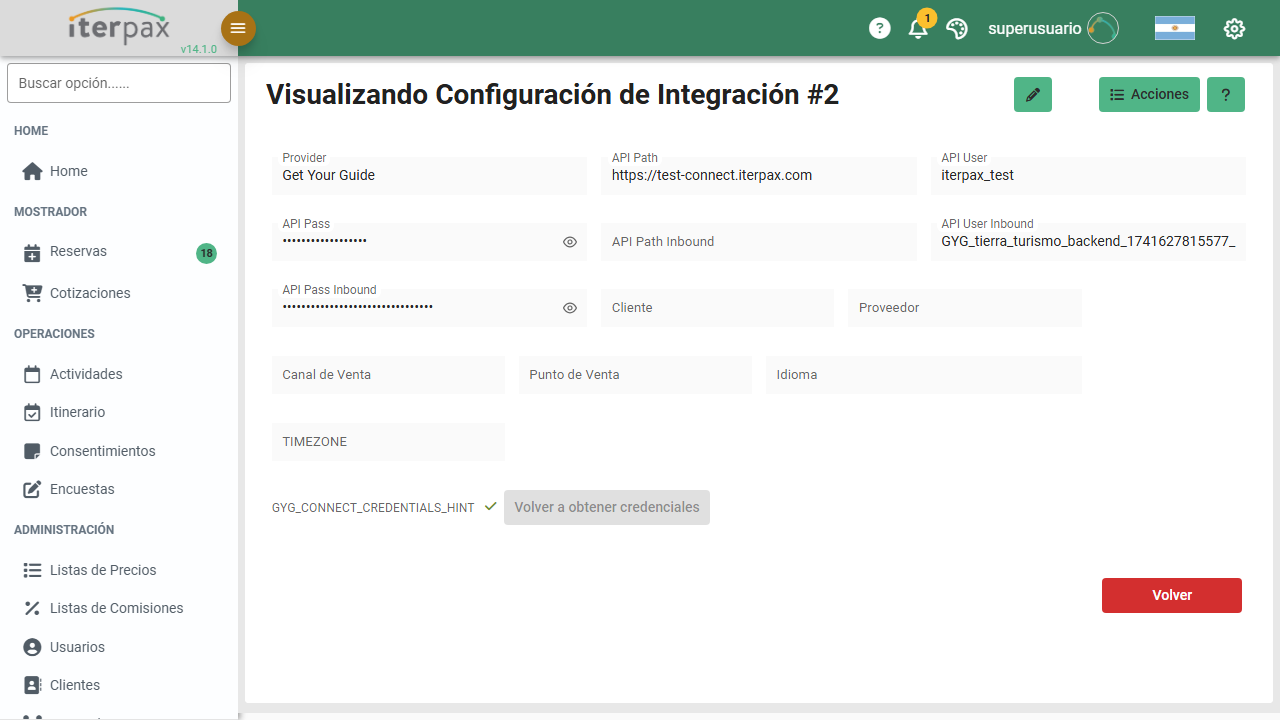 Configuración de integración Get Your Guide en Iterpax